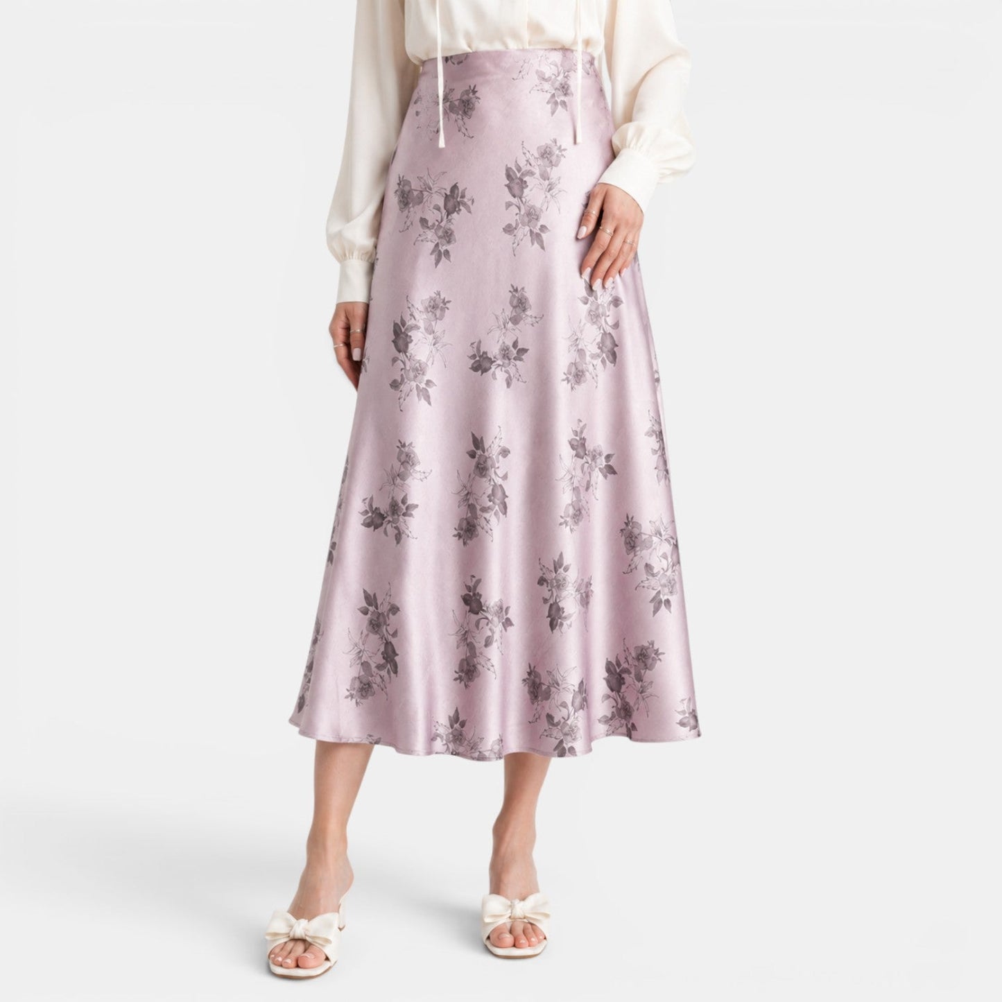 Effortless Floral Jacquard Midi Skirt for Women with High Waist Bias Cut Flowing Style