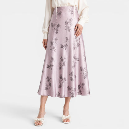 Effortless Floral Jacquard Midi Skirt for Women with High Waist Bias Cut Flowing Style