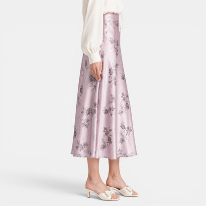 Effortless Floral Jacquard Midi Skirt for Women with High Waist Bias Cut Flowing Style