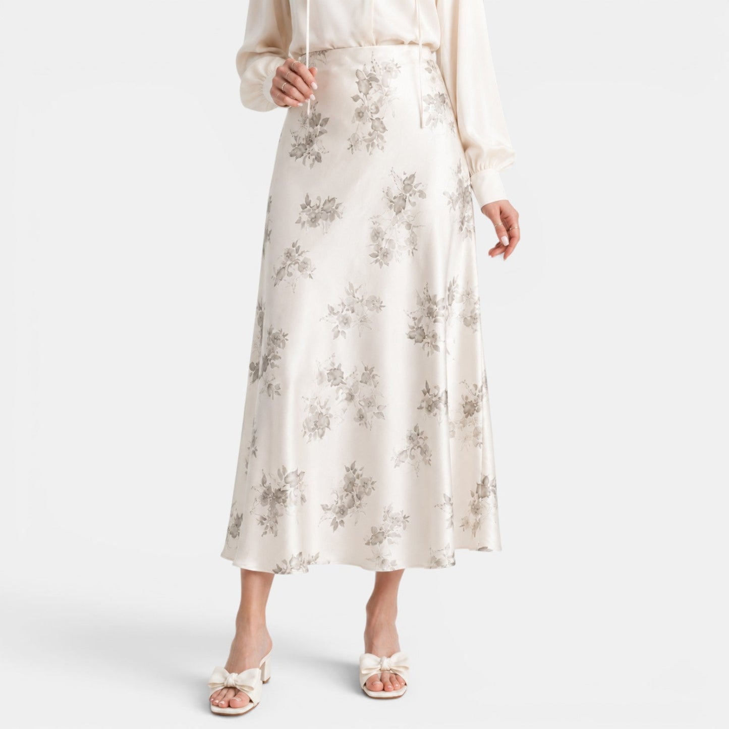 Effortless Floral Jacquard Midi Skirt for Women with High Waist Bias Cut Flowing Style