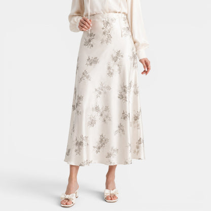 Effortless Floral Jacquard Midi Skirt for Women with High Waist Bias Cut Flowing Style