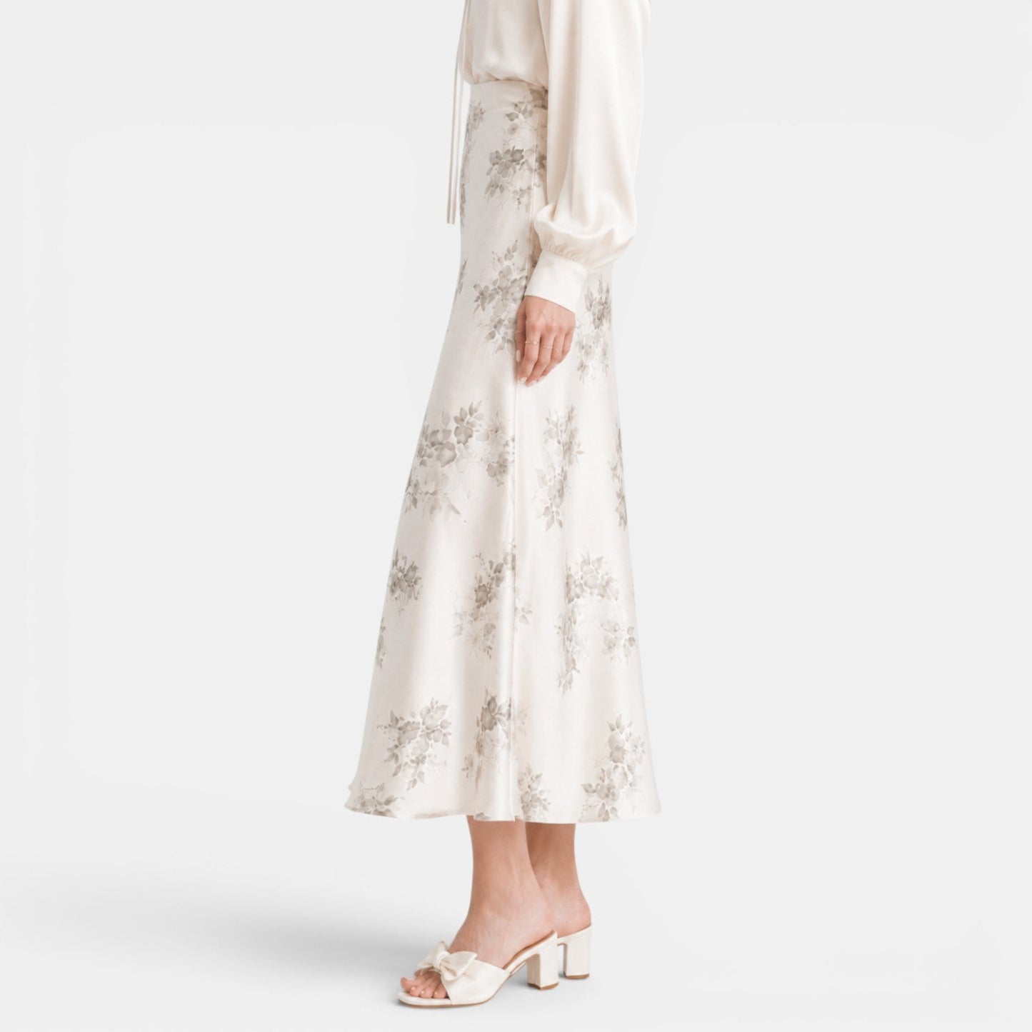 Effortless Floral Jacquard Midi Skirt for Women with High Waist Bias Cut Flowing Style