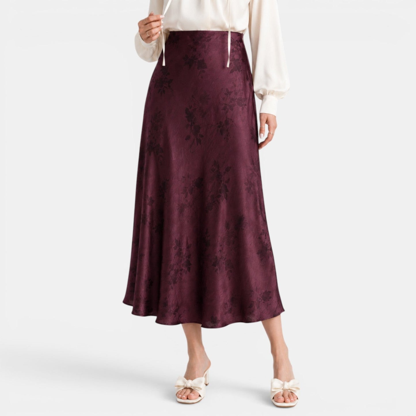 Effortless Floral Jacquard Midi Skirt for Women with High Waist Bias Cut Flowing Style