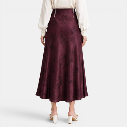 Effortless Floral Jacquard Midi Skirt for Women with High Waist Bias Cut Flowing Style