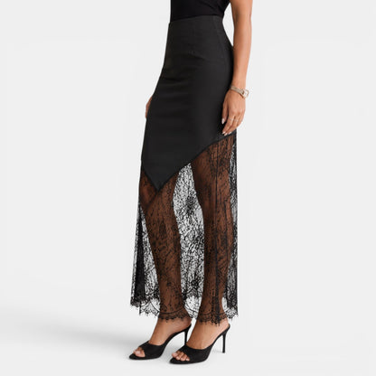Elegant Lace Maxi Skirt for Women with High Waist Bodycon Asymmetrical Hem Flowing Style