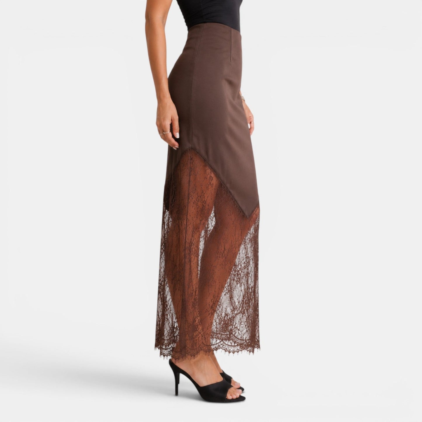 Elegant Lace Maxi Skirt for Women with High Waist Bodycon Asymmetrical Hem Flowing Style