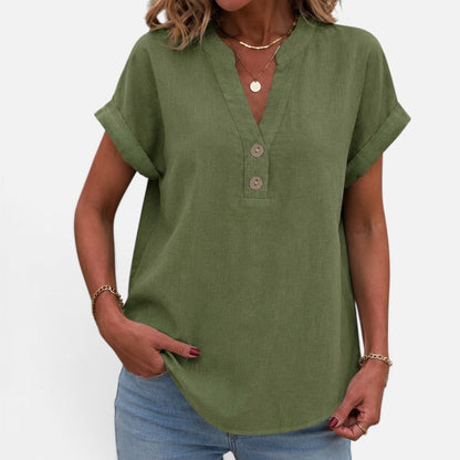 Chic V Neck Blouse for Women with Short Cuffed Sleeve Button Detail Relaxed Everyday Style