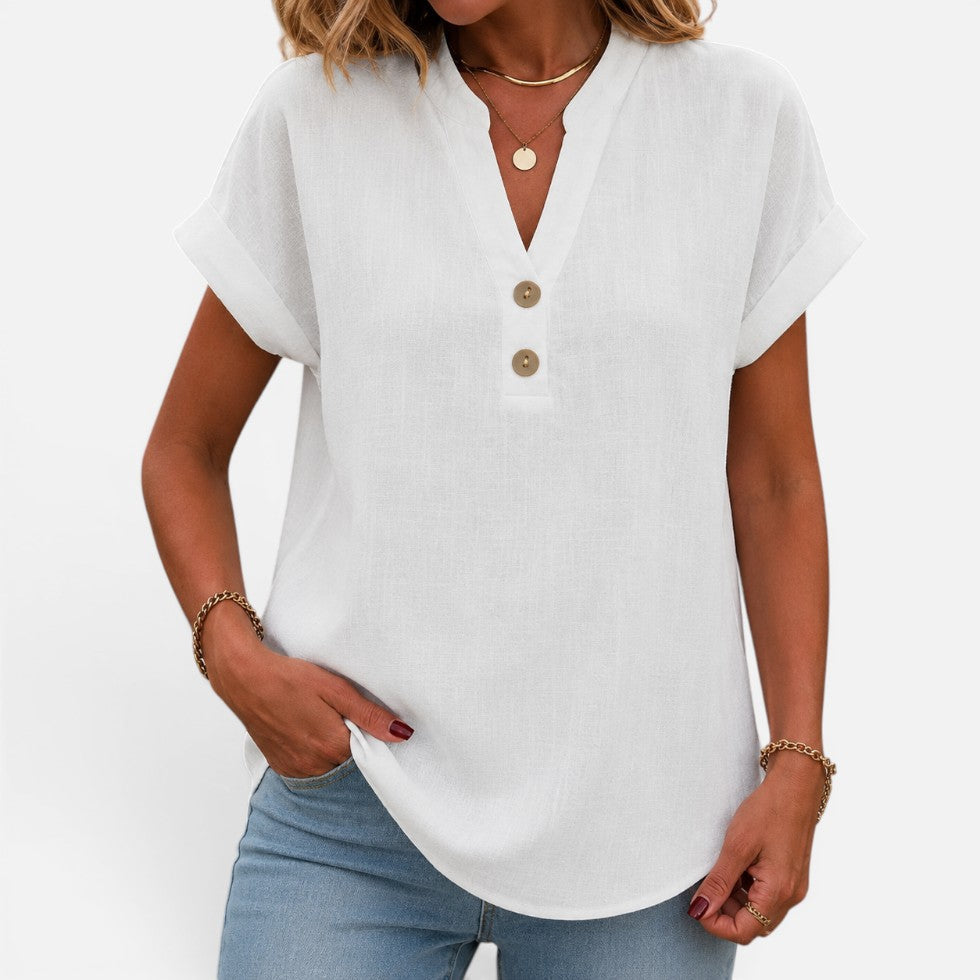 Chic V Neck Blouse for Women with Short Cuffed Sleeve Button Detail Relaxed Everyday Style