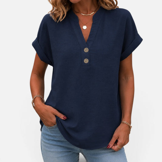 Chic V Neck Blouse for Women with Short Cuffed Sleeve Button Detail Relaxed Everyday Style