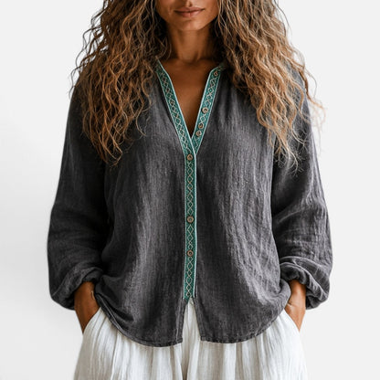Effortless Embroidered Trim Blouse for Women with V Neck Long Sleeve Linen Boho Relaxed Style