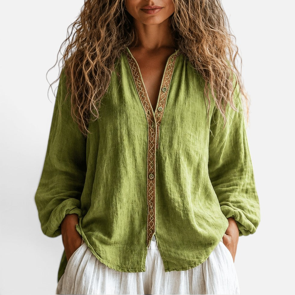 Effortless Embroidered Trim Blouse for Women with V Neck Long Sleeve Linen Boho Relaxed Style