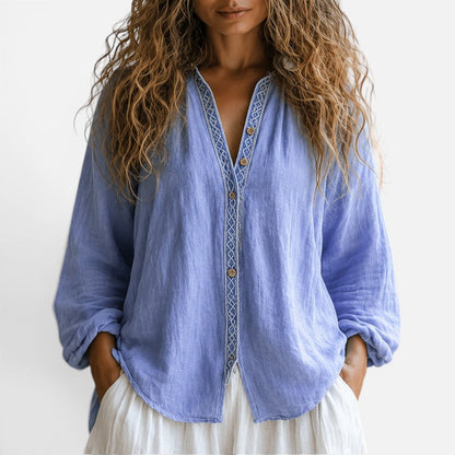 Effortless Embroidered Trim Blouse for Women with V Neck Long Sleeve Linen Boho Relaxed Style
