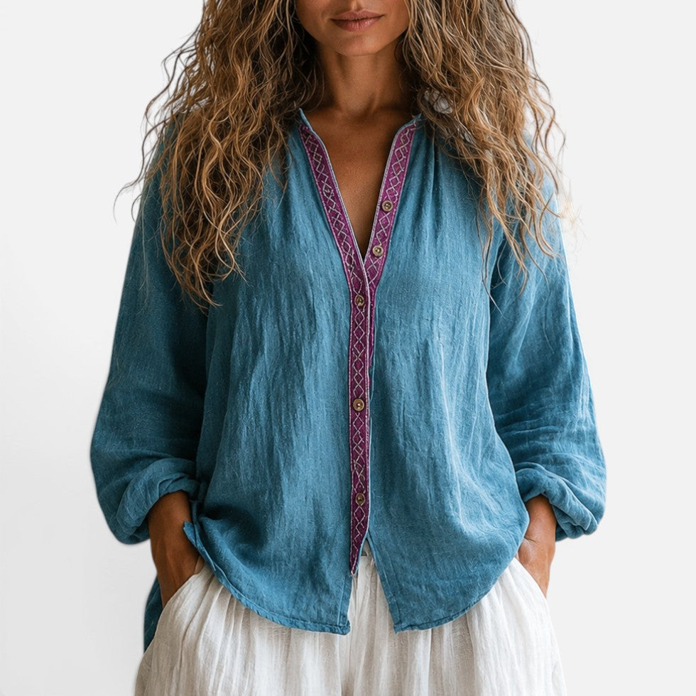 Effortless Embroidered Trim Blouse for Women with V Neck Long Sleeve Linen Boho Relaxed Style