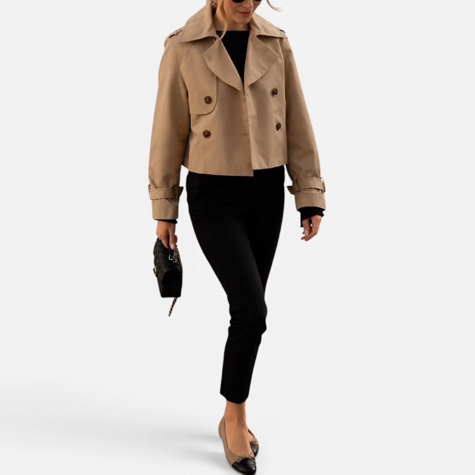 Elegant Cropped Trench Jacket for Women with Notch Lapel Long Sleeve Double Breasted Belted Cuff Style