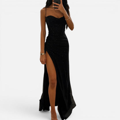 Elegant Sequin Cocktail Dress for Women with Sweetheart Neckline Spaghetti Strap High Slit Corset Style
