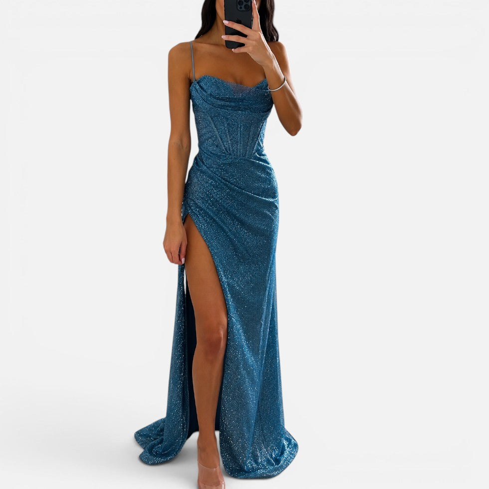 Elegant Sequin Cocktail Dress for Women with Sweetheart Neckline Spaghetti Strap High Slit Corset Style