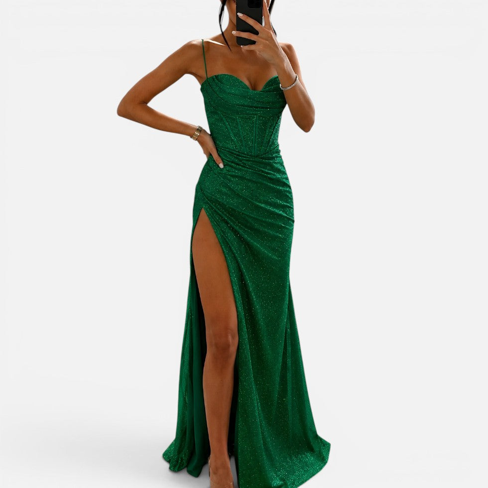 Elegant Sequin Cocktail Dress for Women with Sweetheart Neckline Spaghetti Strap High Slit Corset Style
