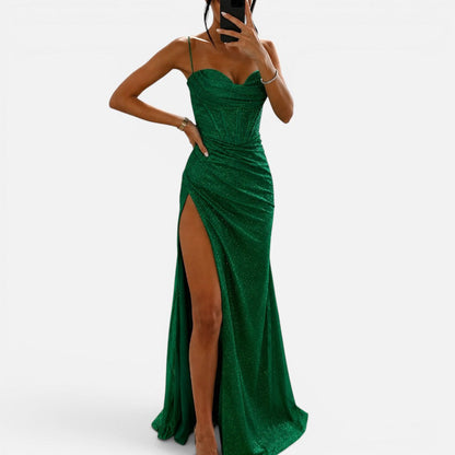 Elegant Sequin Cocktail Dress for Women with Sweetheart Neckline Spaghetti Strap High Slit Corset Style