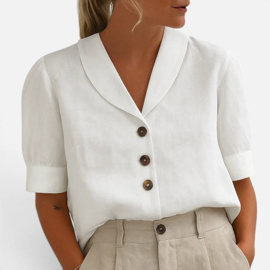 Refined Button Front Blouse for Women with Shawl Collar Short Sleeve Linen Tailored Style