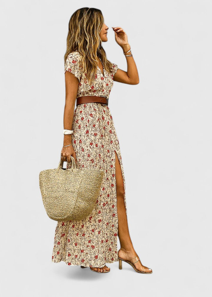 Effortless Paisley Print Maxi Dress for Women with V Neck Short Sleeve Belted Side Slit Flowing Boho Style