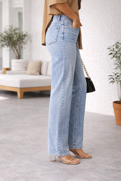 Effortless Light Blue Wide Leg Jeans for Women with High Waisted Seam Detail Relaxed Casual Style