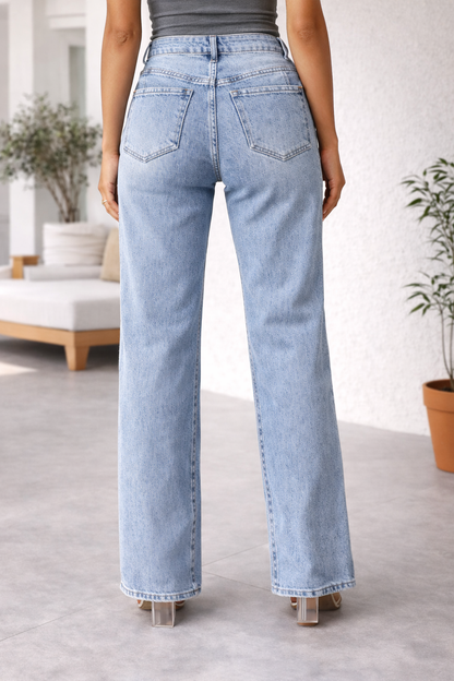 Effortless Light Blue Wide Leg Jeans for Women with High Waisted Seam Detail Relaxed Casual Style