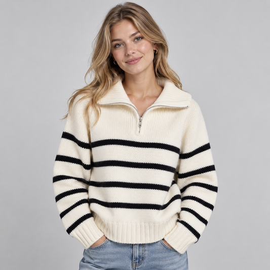 Cozy Oversized Chunky Knit Quarter-Zip Sweater for Women with Striped High Collar Long Sleeve Pullover Style