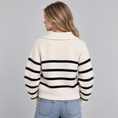 Cozy Oversized Chunky Knit Quarter-Zip Sweater for Women with Striped High Collar Long Sleeve Pullover Style