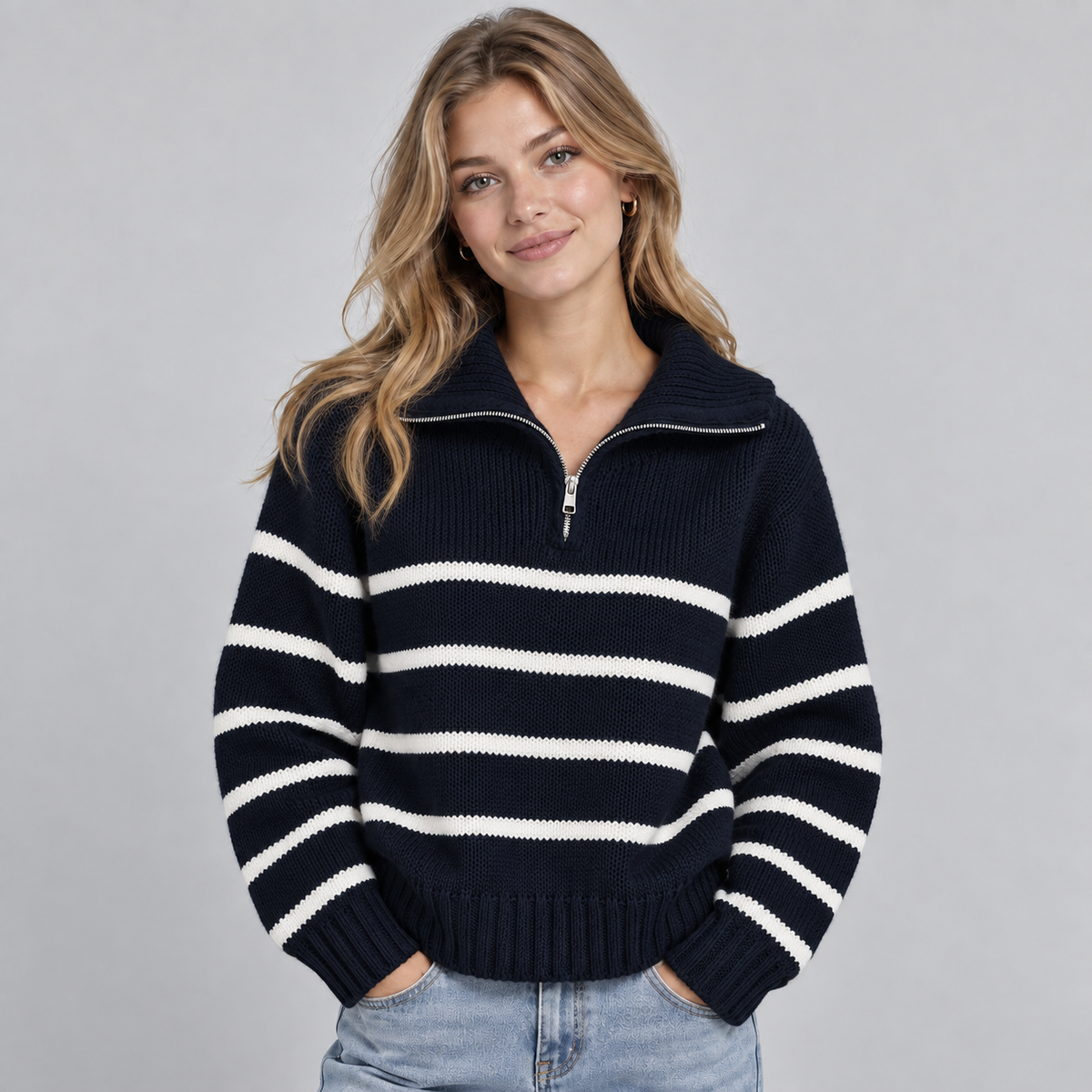 Cozy Oversized Chunky Knit Quarter-Zip Sweater for Women with Striped High Collar Long Sleeve Pullover Style
