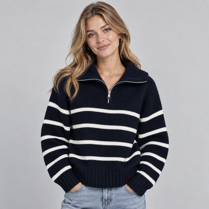Cozy Oversized Chunky Knit Quarter-Zip Sweater for Women with Striped High Collar Long Sleeve Pullover Style