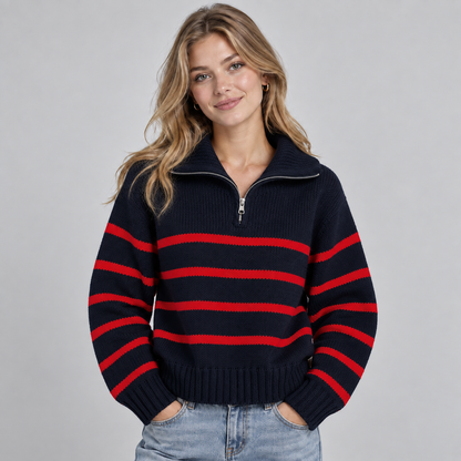 Cozy Oversized Chunky Knit Quarter-Zip Sweater for Women with Striped High Collar Long Sleeve Pullover Style
