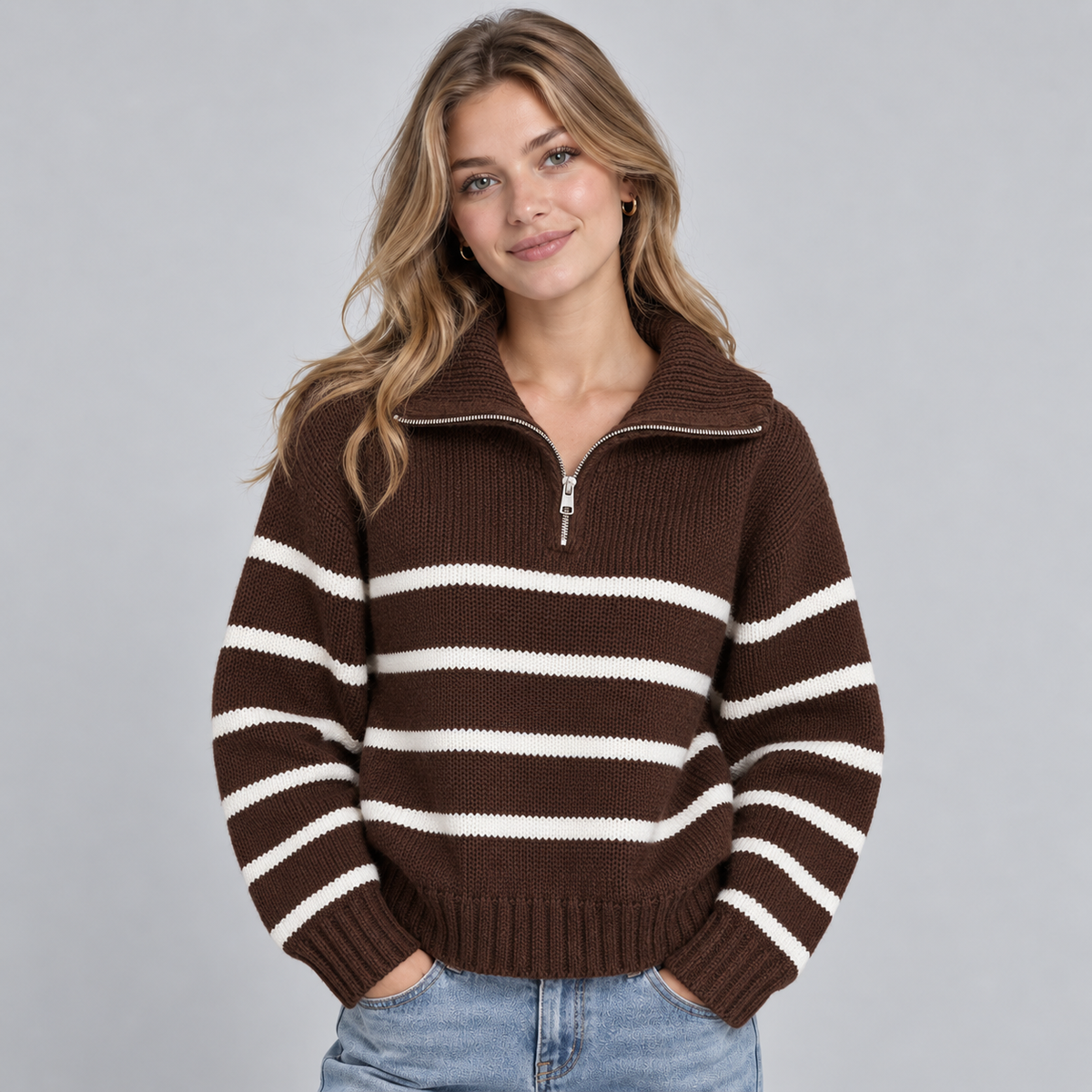 Cozy Oversized Chunky Knit Quarter-Zip Sweater for Women with Striped High Collar Long Sleeve Pullover Style