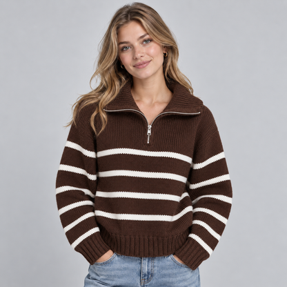 Cozy Oversized Chunky Knit Quarter-Zip Sweater for Women with Striped High Collar Long Sleeve Pullover Style