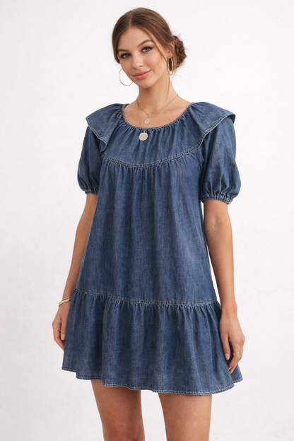 Effortless Blue Denim Dress for Women with Round Neck Puff Sleeve Ruffle Tiered Babydoll Style