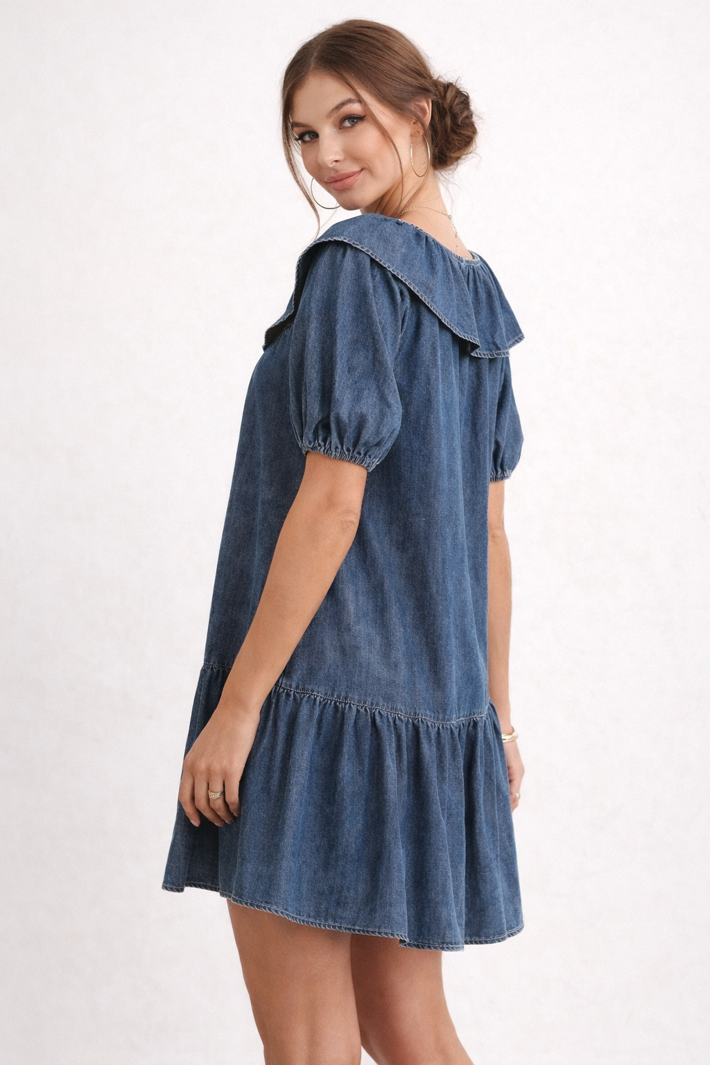 Effortless Blue Denim Dress for Women with Round Neck Puff Sleeve Ruffle Tiered Babydoll Style