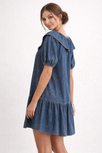 Effortless Blue Denim Dress for Women with Round Neck Puff Sleeve Ruffle Tiered Babydoll Style