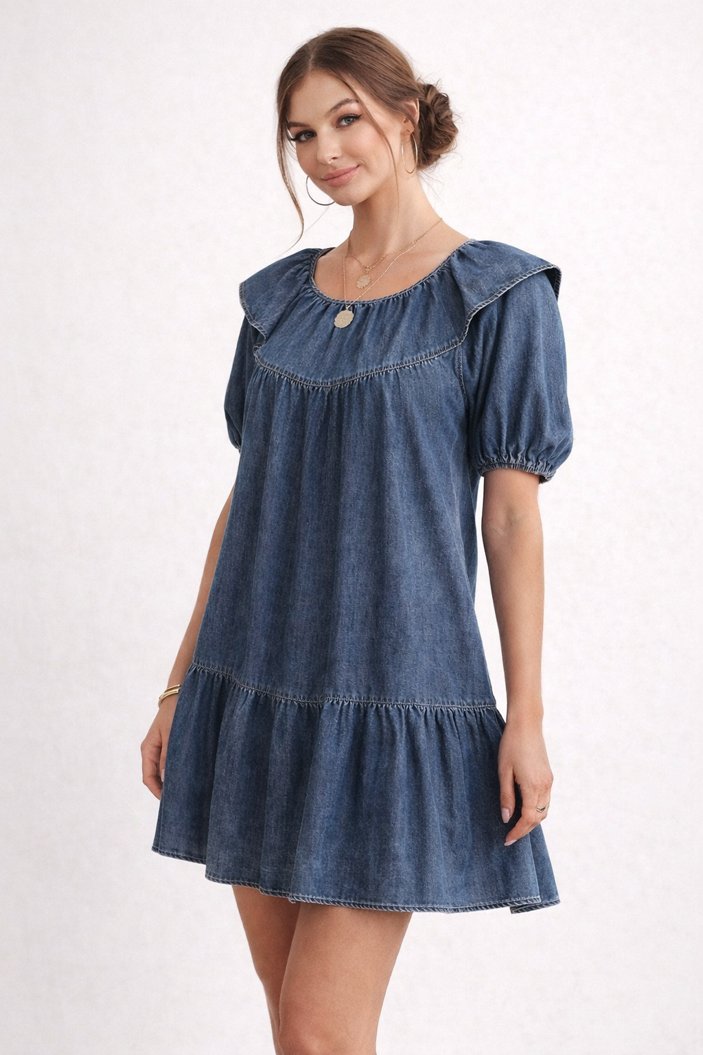 Effortless Blue Denim Dress for Women with Round Neck Puff Sleeve Ruffle Tiered Babydoll Style
