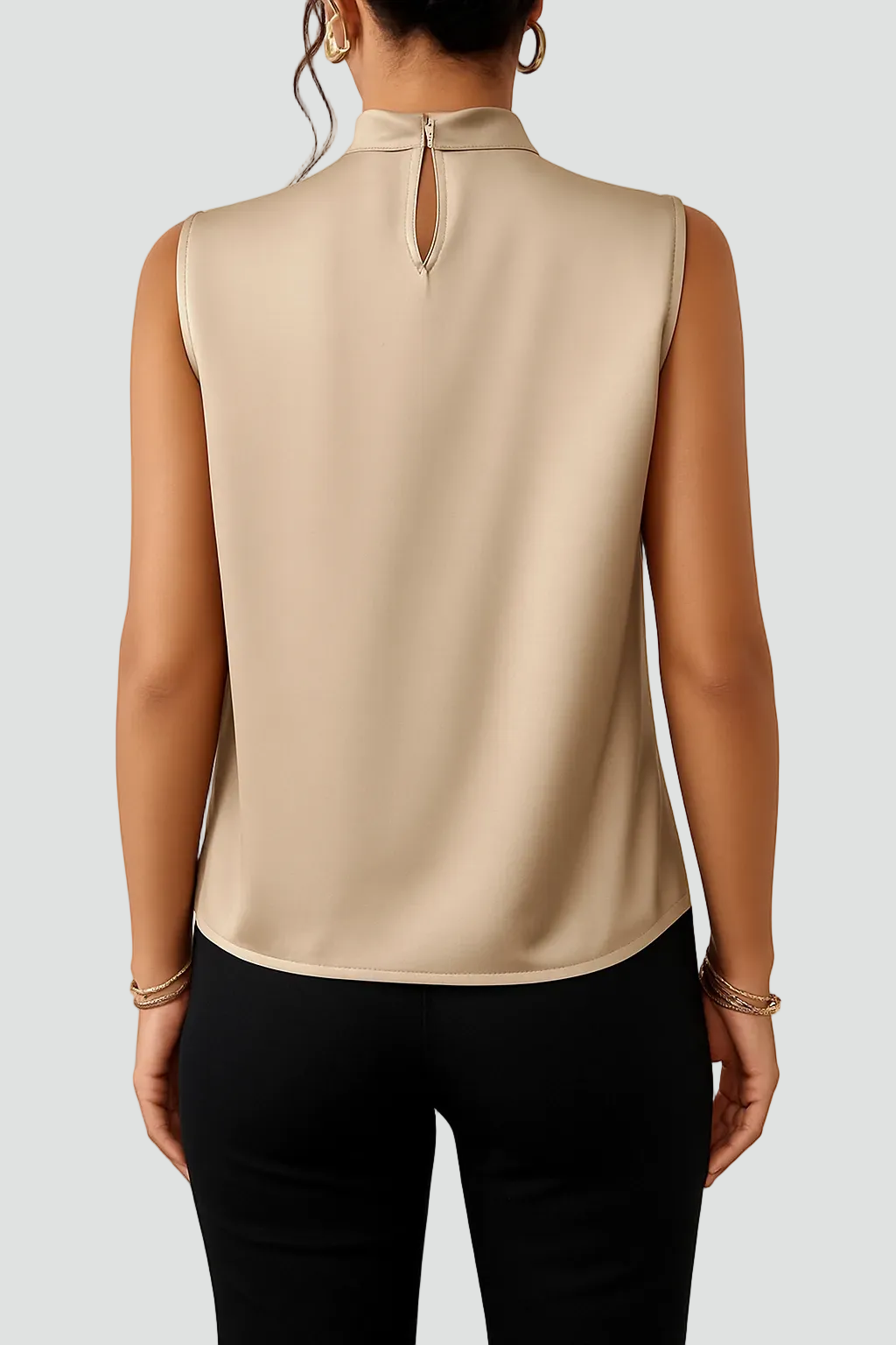 Elegant Gold Satin Halter Top for Women with Mock Neck Sleeveless Draped Silky Style