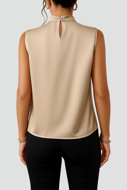 Elegant Gold Satin Halter Top for Women with Mock Neck Sleeveless Draped Silky Style
