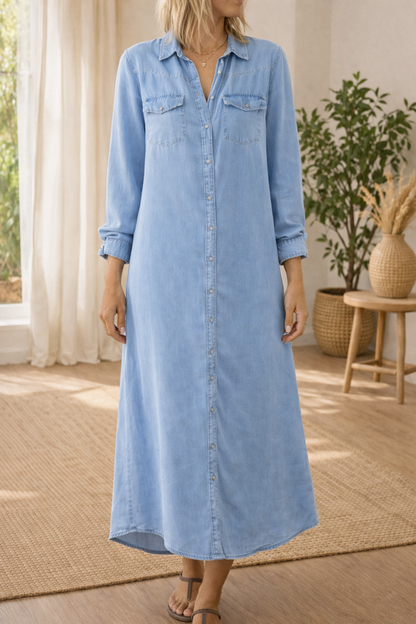 Elegant Blue Denim Dress for Women with Collar Long Sleeve Button Front A Line Maxi Style