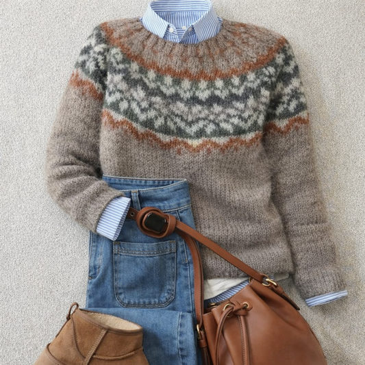 Cozy Taupe Fair Isle Knit Sweater for Women with Crew Neck Long Sleeve Nordic Pullover Winter Style