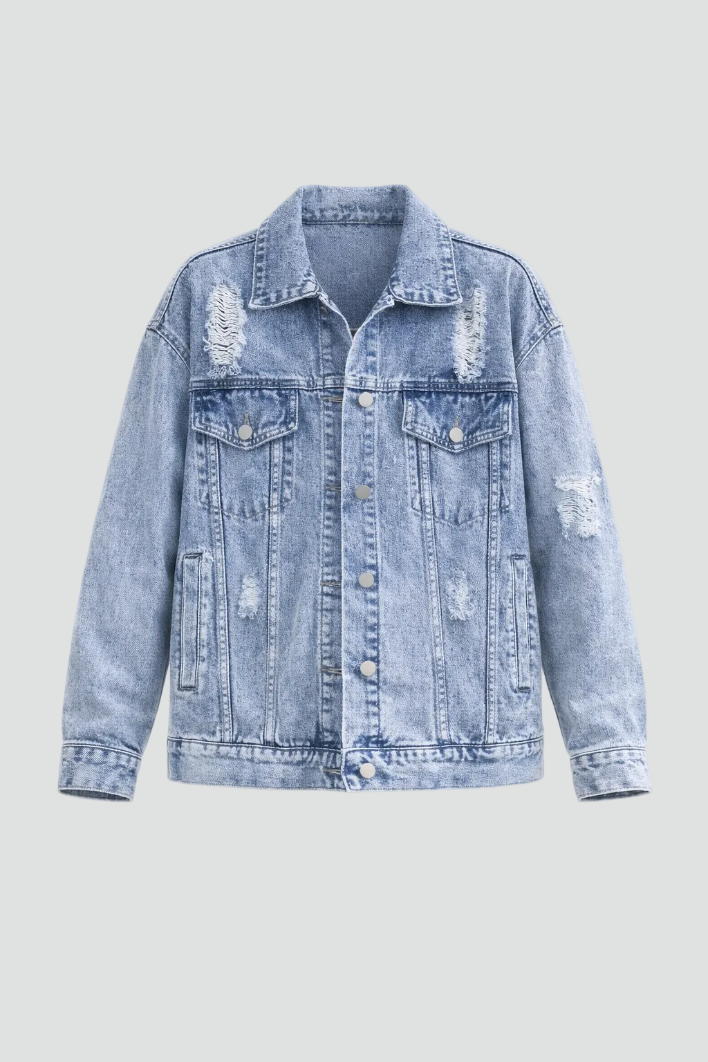 Effortless Light Blue Denim Jacket for Women with Spread Collar Long Sleeve Distressed Oversized Style