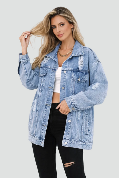 Effortless Light Blue Denim Jacket for Women with Spread Collar Long Sleeve Distressed Oversized Style