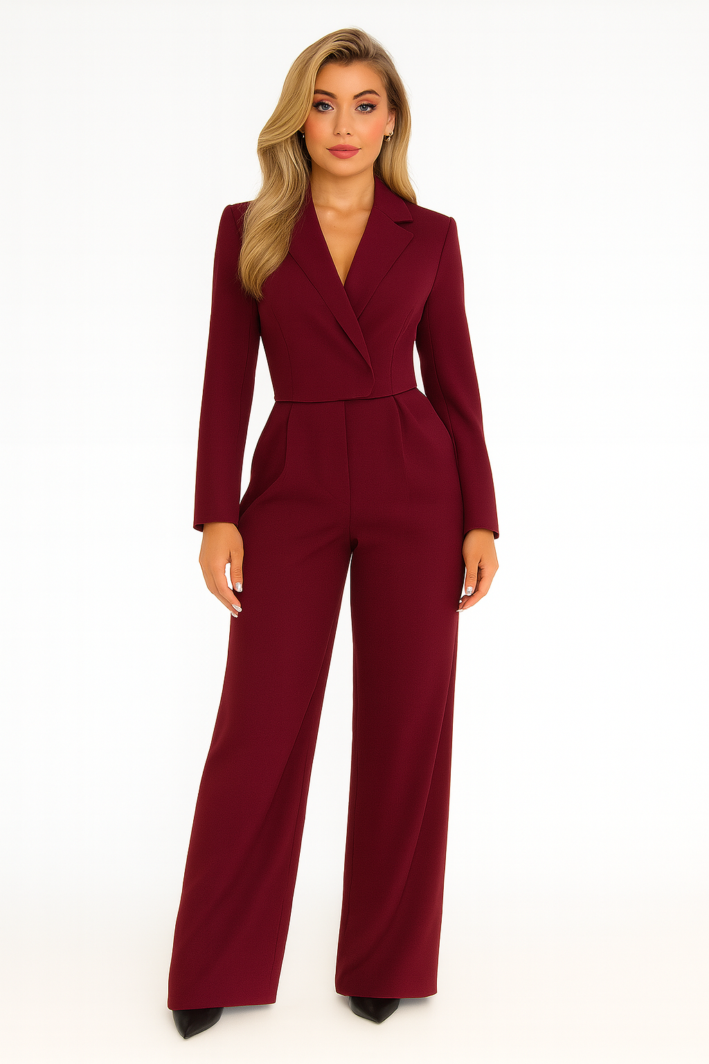 Elegant Tailored Jumpsuit for Women with Lapel Collar Long Sleeve Wide Leg Belted Formal Style