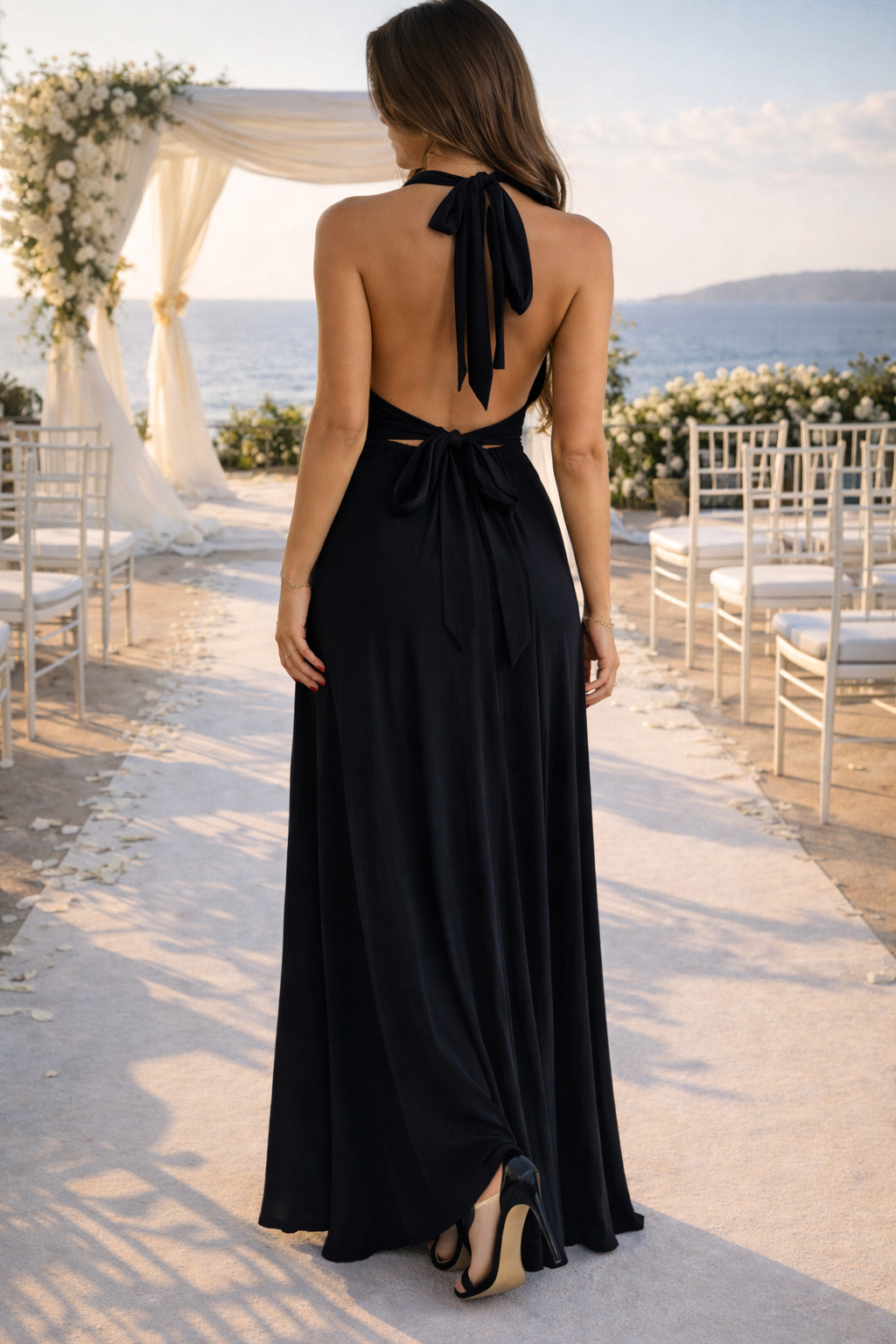 Elegant Autumn Wedding Guest Dress for Women with Halter Neck Sleeveless Thigh Slit Backless Style