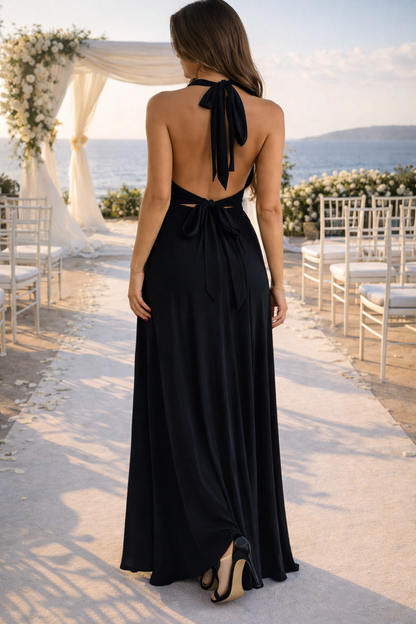 Elegant Autumn Wedding Guest Dress for Women with Halter Neck Sleeveless Thigh Slit Backless Style