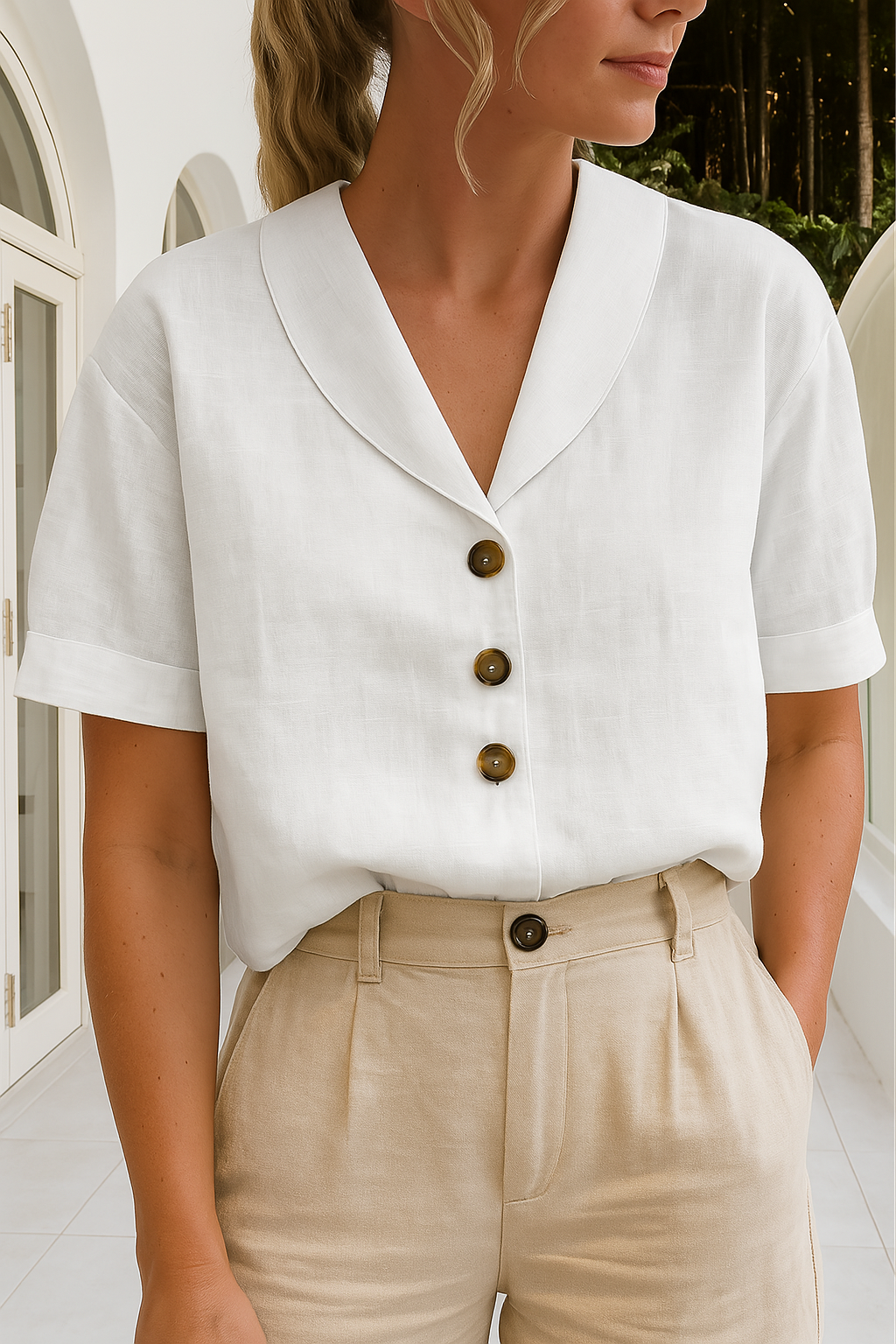 Elegant White Shirt for Women with Shawl Collar Short Sleeve Button Front Relaxed Style