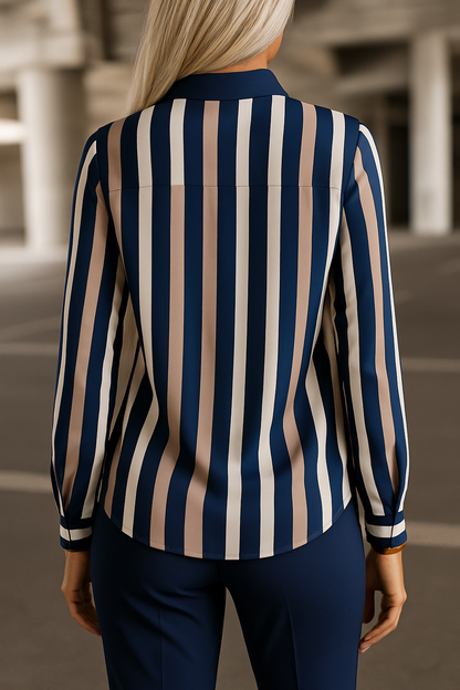 Elegant Navy Striped Long Sleeve Shirt for Women with Collar Button Front Chest Pocket Silky Style