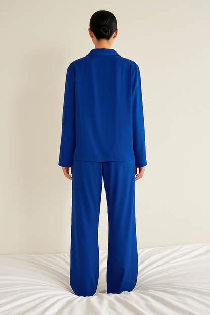 Effortless Satin Pajama Set for Women with Collar Long Sleeve Wide Leg Two Piece Style