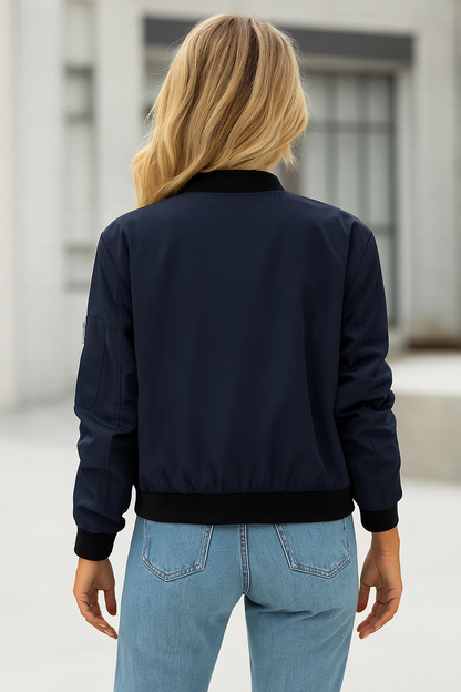 Effortless Bomber Jacket for Women with Ribbed Collar Long Sleeve Zip Front Casual Style